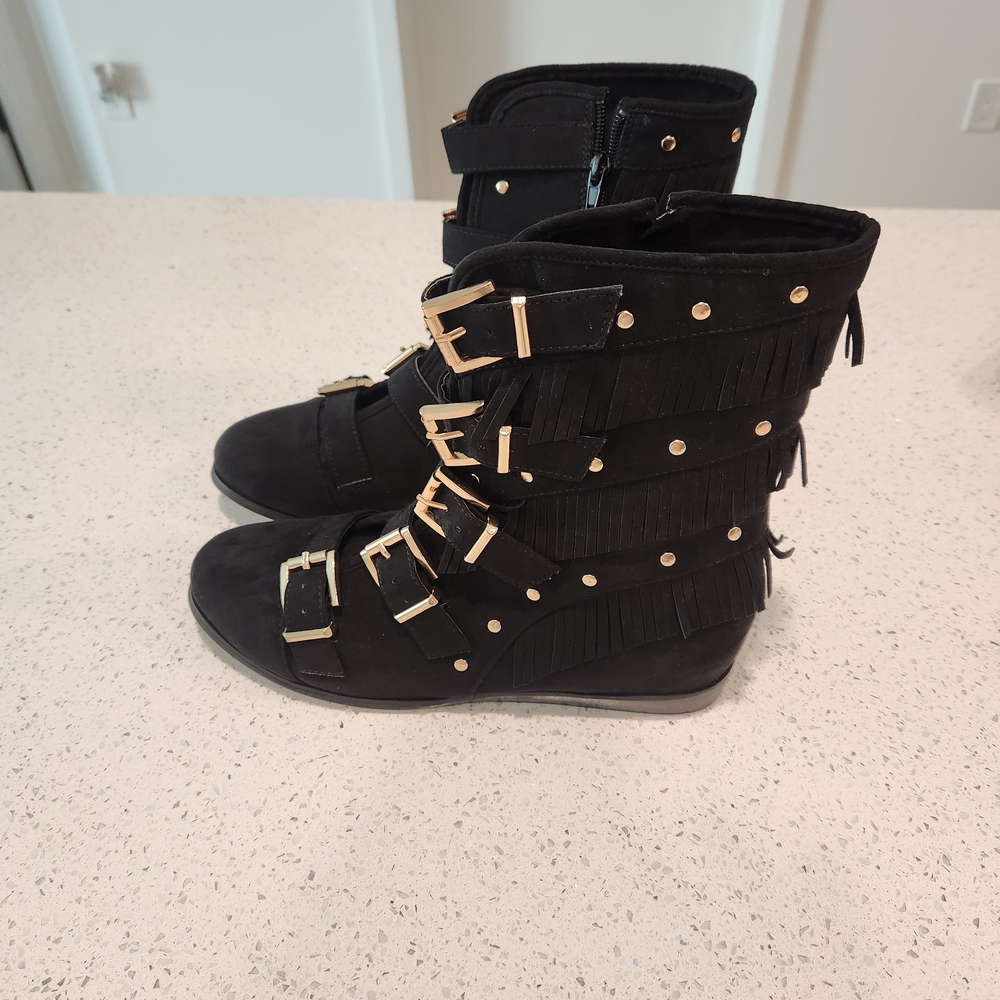 Joan Boyce Black Combat Moto Boots with Gold Buckles